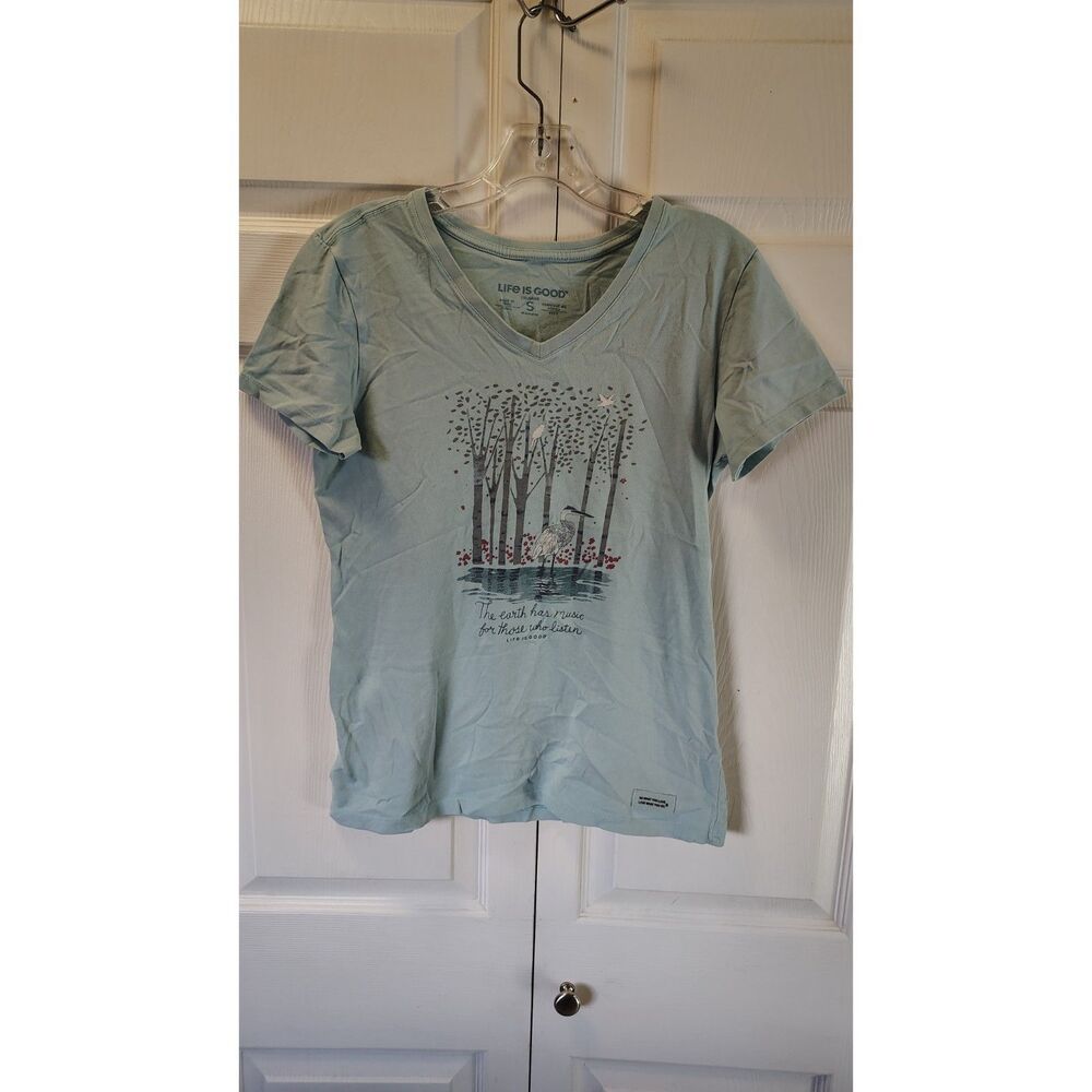 Life Is Good Crusher Tee "The Earth Has Music..." Heron Graphic V-Neck Small